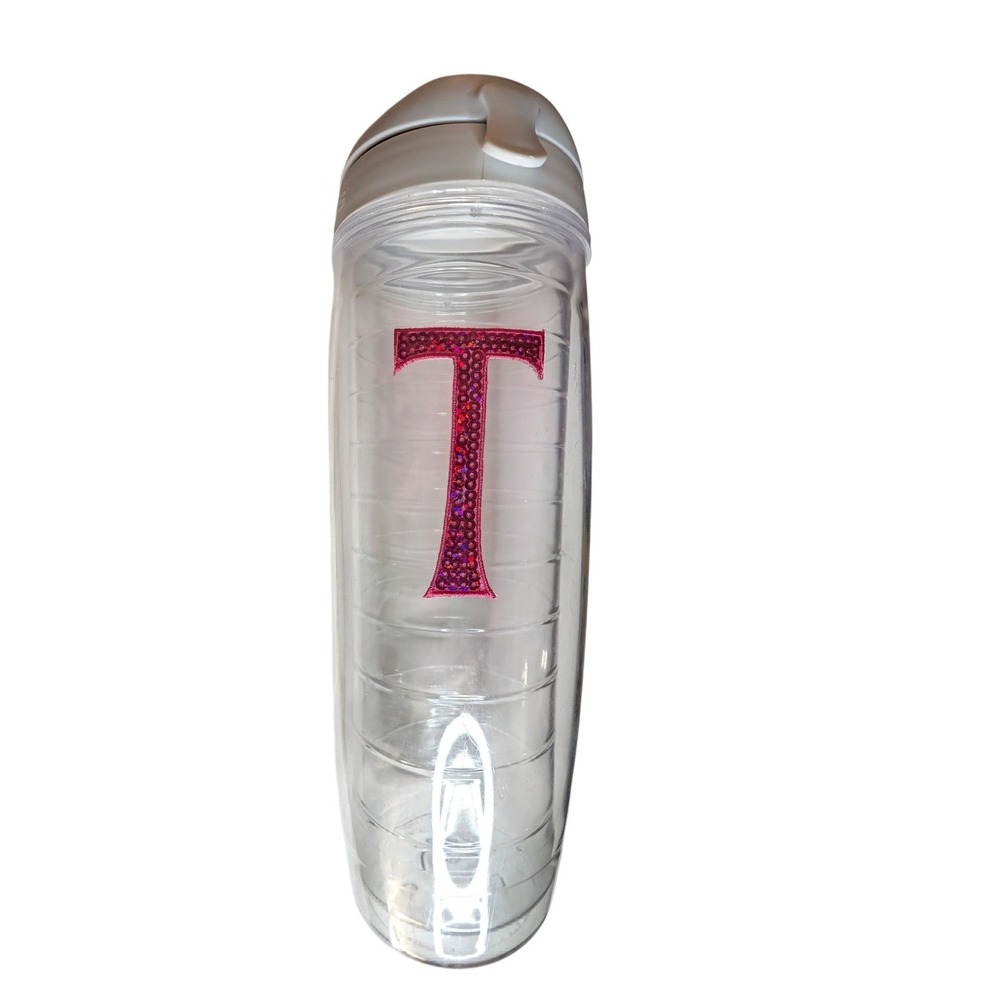 Tervis 24oz Insulated Water Bottle Pink Sequined Initial T Clear Tumbler Flip